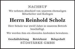 Traueranzeige Reinhold Scholz