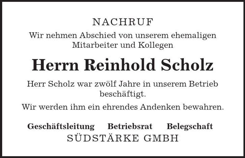 Traueranzeige Reinhold Scholz