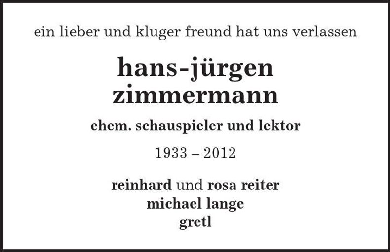 Traueranzeige Hans-Jürgen Zimmermann