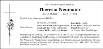 Traueranzeige Theresia Neumaier