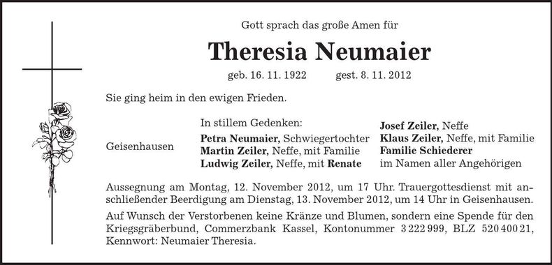 Traueranzeige Theresia Neumaier
