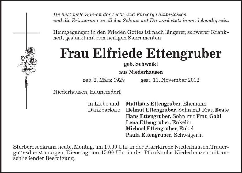 Traueranzeige Elfriede Ettengruber