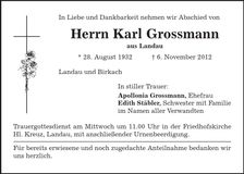Traueranzeige Karl Grossmann