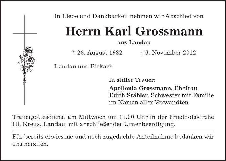 Traueranzeige Karl Grossmann
