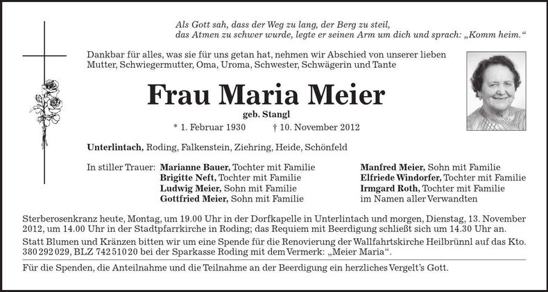 Traueranzeige Maria Meier