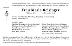 Traueranzeige Maria Reisinger