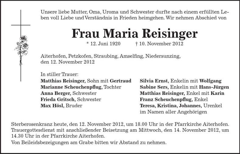 Traueranzeige Maria Reisinger