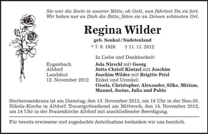 Traueranzeige Regina Wilder
