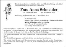 Traueranzeige Gisela Schneider
