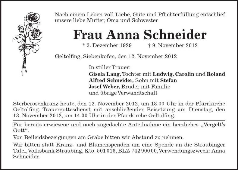 Traueranzeige Gisela Schneider