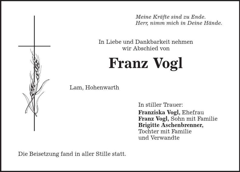 Traueranzeige Franz Vogl