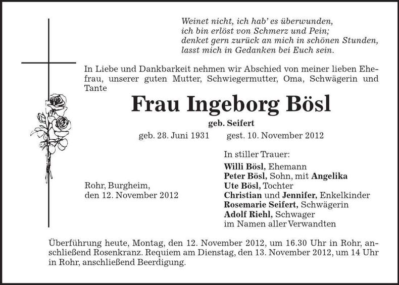 Traueranzeige Ingeborg Bösl