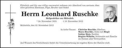 Traueranzeige Leonhard Ruschke