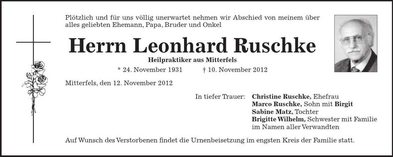 Traueranzeige Leonhard Ruschke