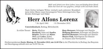 Traueranzeige Alfons Lorenz