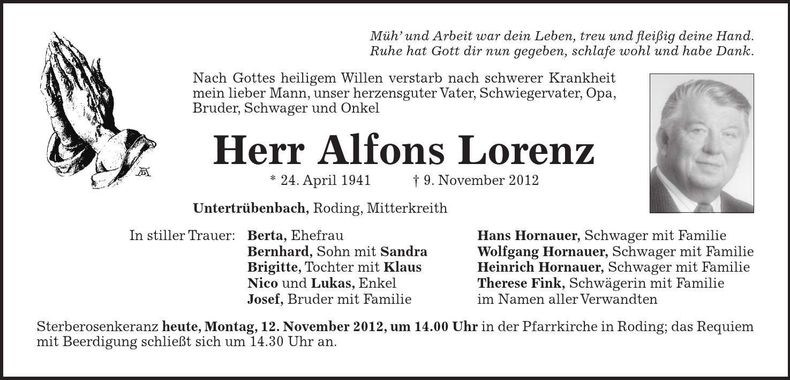 Traueranzeige Alfons Lorenz