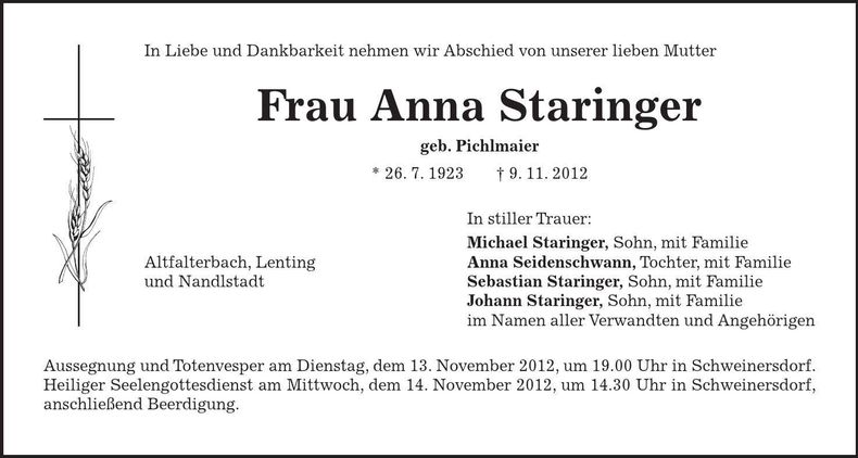 Traueranzeige Anna Staringer