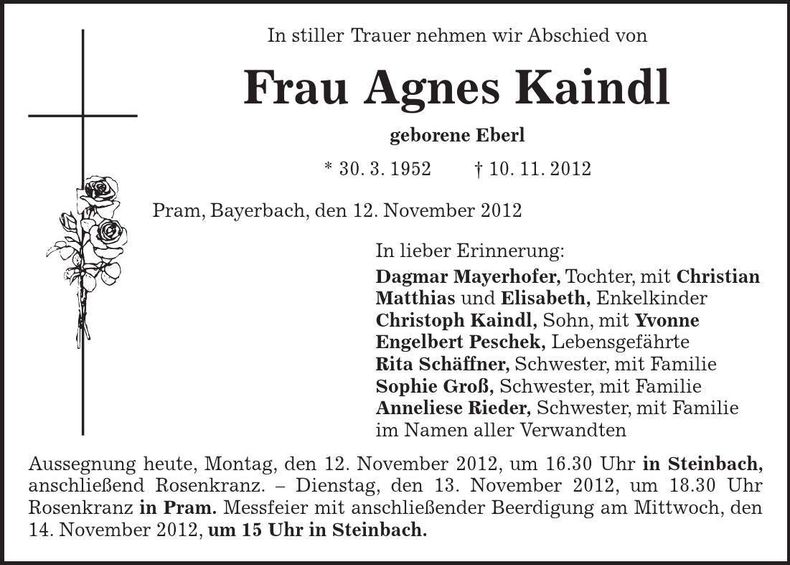 Traueranzeige Agnes Kaindl