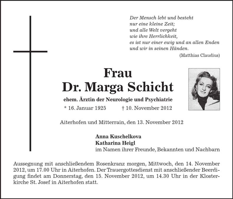 Traueranzeige Marga Schicht