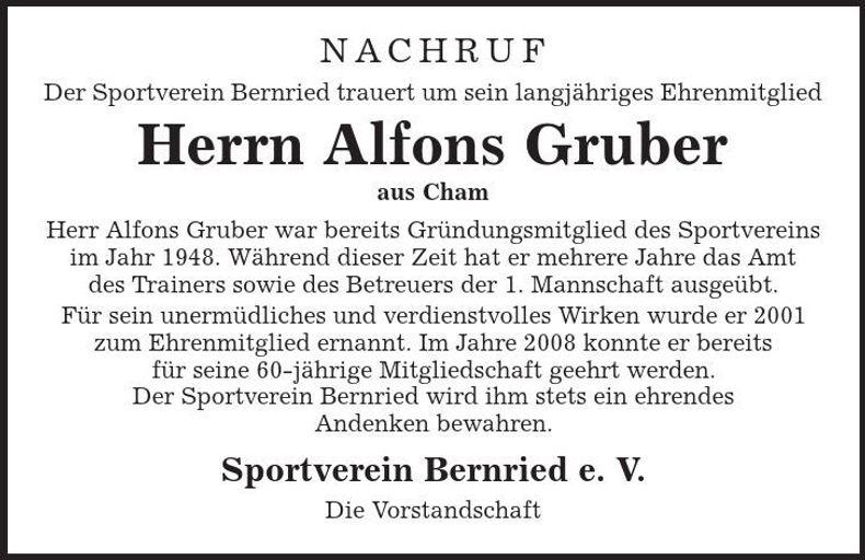 Traueranzeige Alfons Gruber