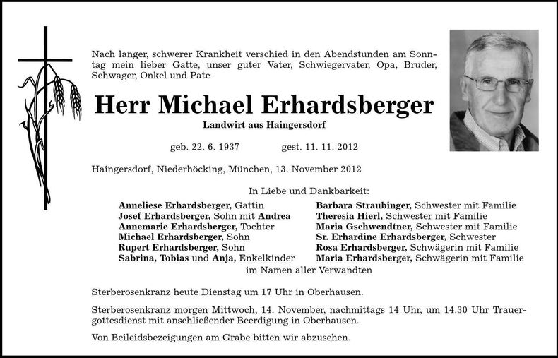 Traueranzeige Michael Erhardsberger