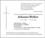 Traueranzeige Johanna Welker