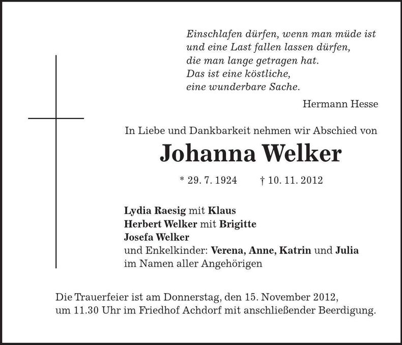 Traueranzeige Johanna Welker