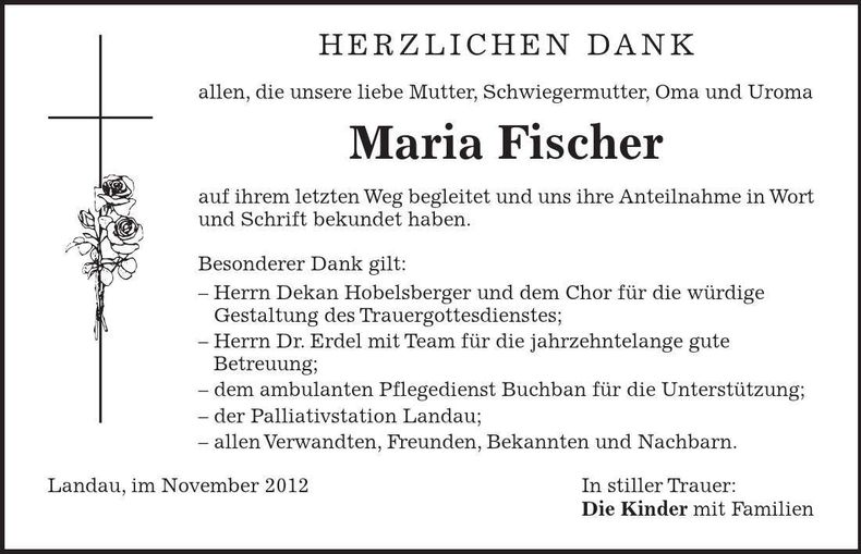 Traueranzeige Maria Fischer