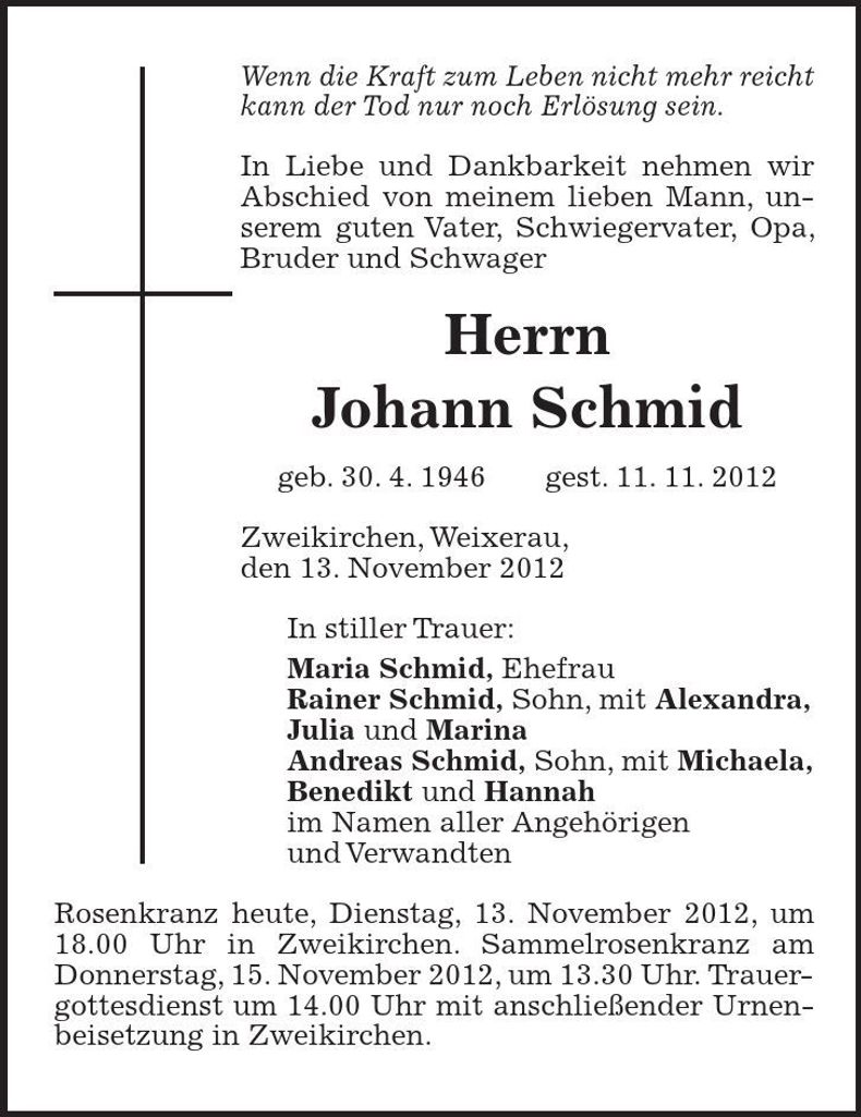 Traueranzeige Johann Schmid