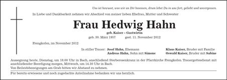 Traueranzeige Hedwig Hahn