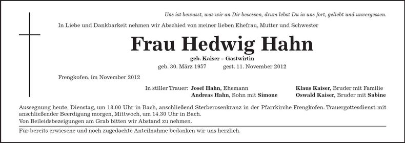 Traueranzeige Hedwig Hahn