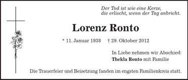 Traueranzeige Lorenz Ronto