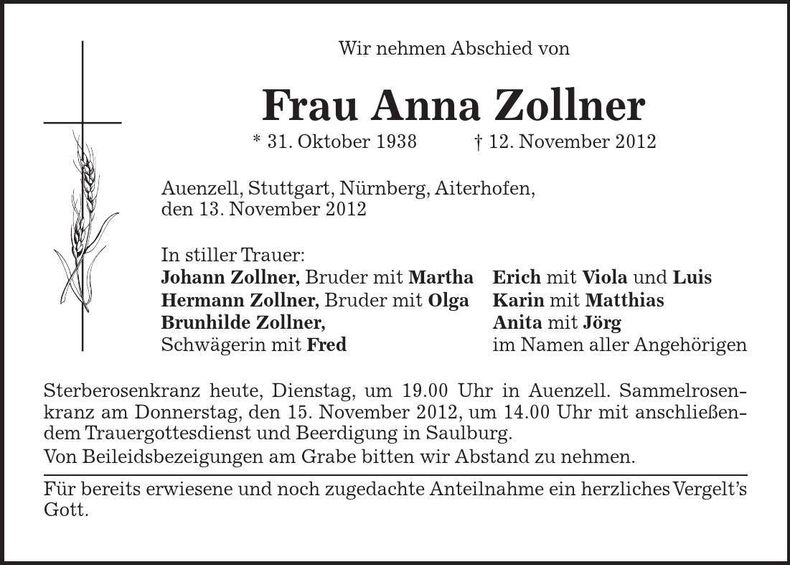 Traueranzeige Anna Zollner
