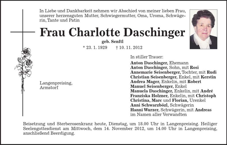 Traueranzeige Charlotte Daschinger