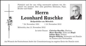 Traueranzeige Leonhard Ruschke