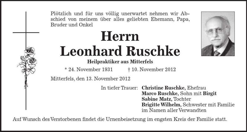 Traueranzeige Leonhard Ruschke