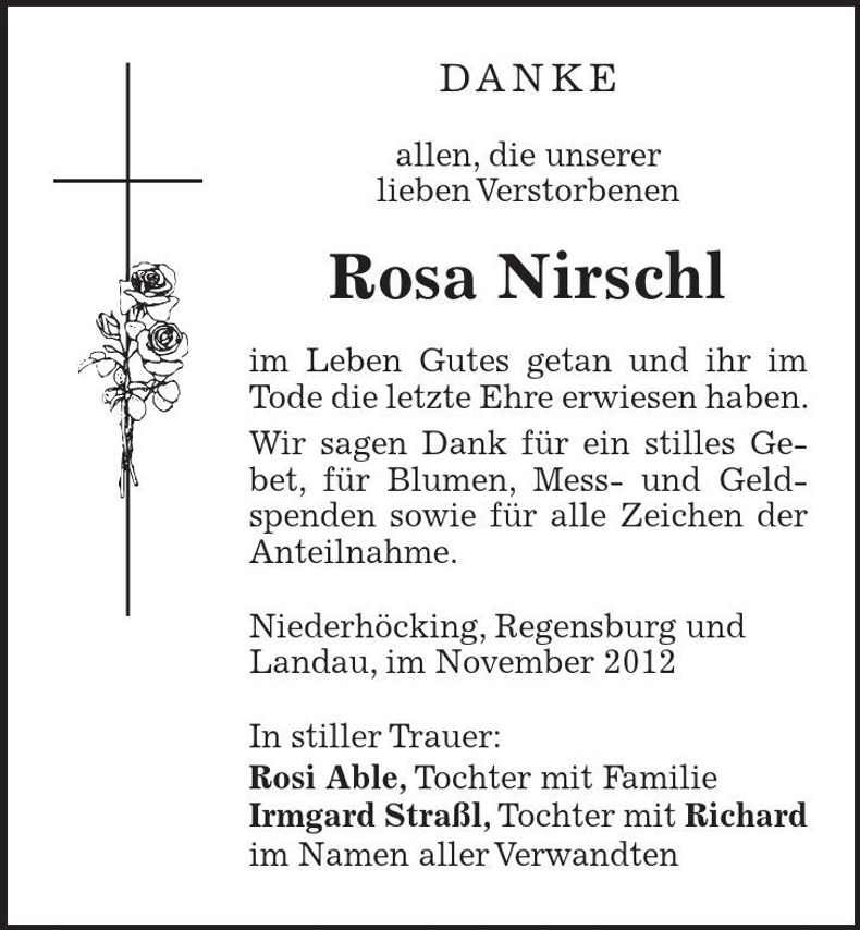 Traueranzeige Rosa Nirschl