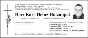 Traueranzeige Karl-Heinz Holzappel
