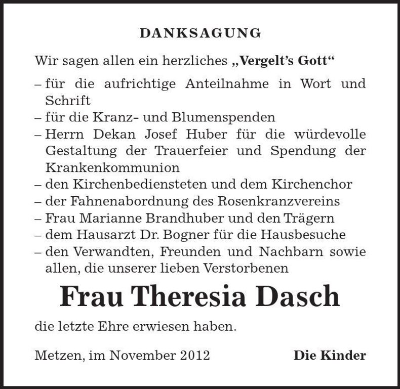 Traueranzeige Theresia Dasch