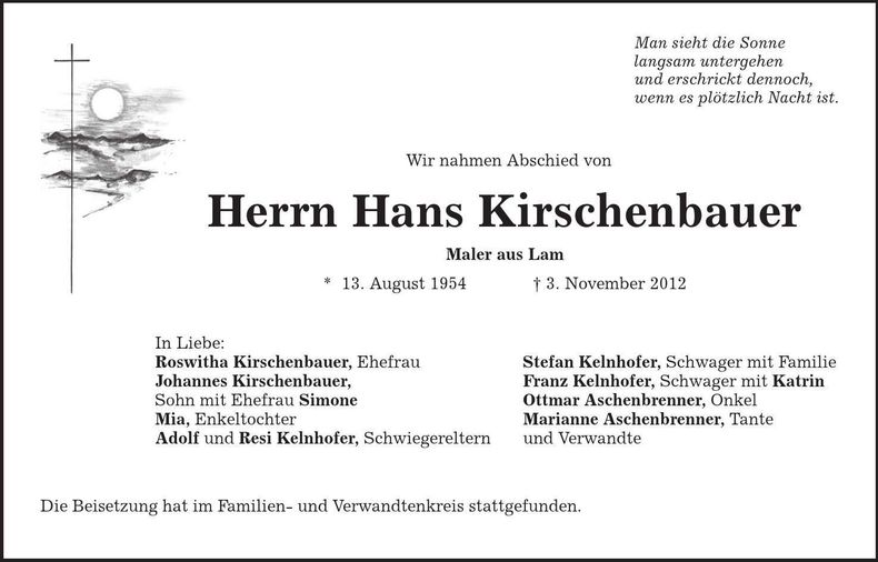 Traueranzeige Hans Kirschenbauer
