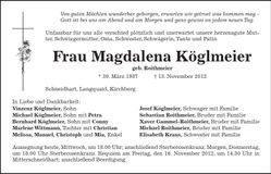 Traueranzeige Magdalena Köglmeier