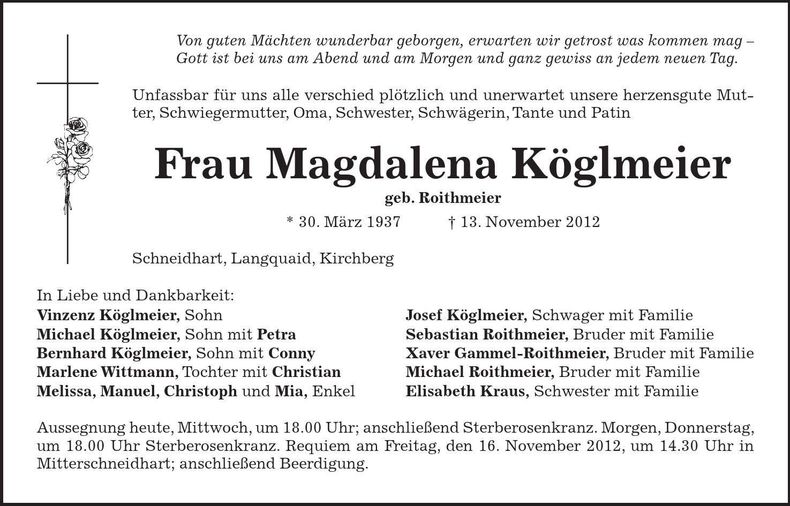 Traueranzeige Magdalena Köglmeier