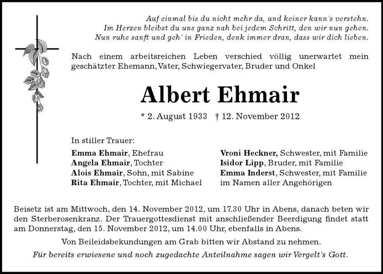 Traueranzeige Albert Ehmair