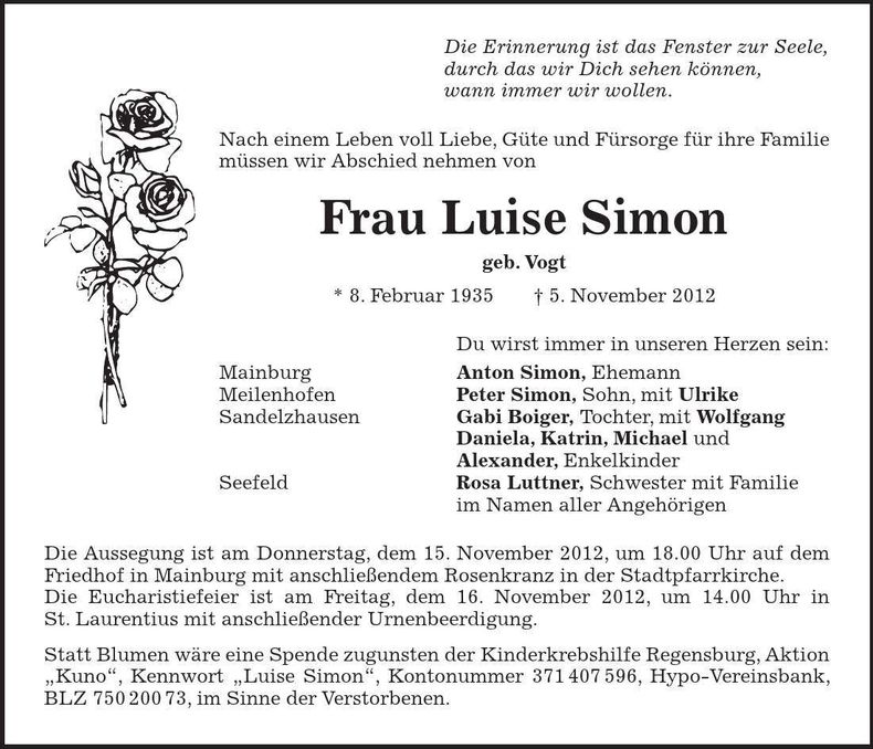 Traueranzeige Luise Simon