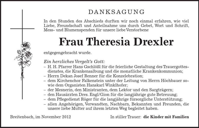 Traueranzeige Theresia Drexler