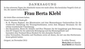 Traueranzeige Berta Klebl