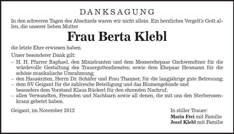 Traueranzeige Berta Klebl
