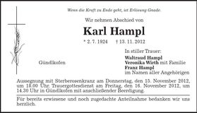Traueranzeige Karl Hampl