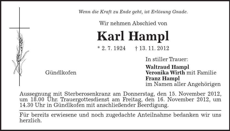 Traueranzeige Karl Hampl