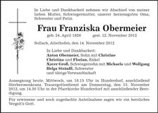 Traueranzeige Franziska Obermeier